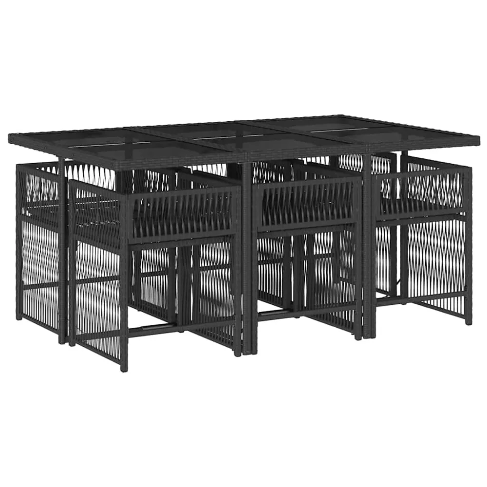 Cadeira de Balanço 7 pcs conjunto de jantar para jardim com almofadões vime PE preto