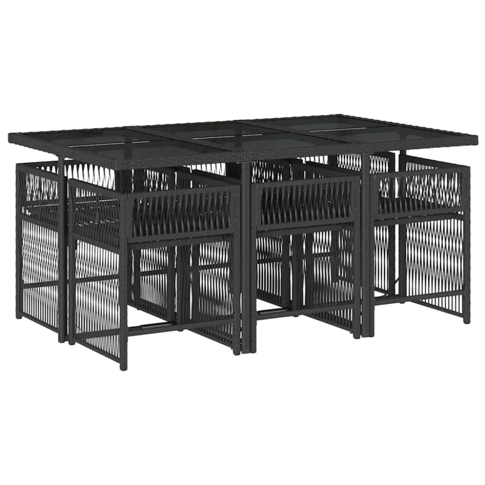 Cadeira de Balanço 7 pcs conjunto de jantar para jardim com almofadões vime PE preto