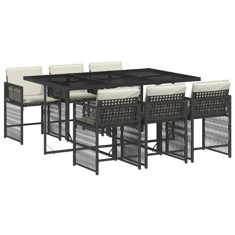 Cadeira de Balanço 7 pcs conjunto de jantar para jardim com almofadões vime PE preto