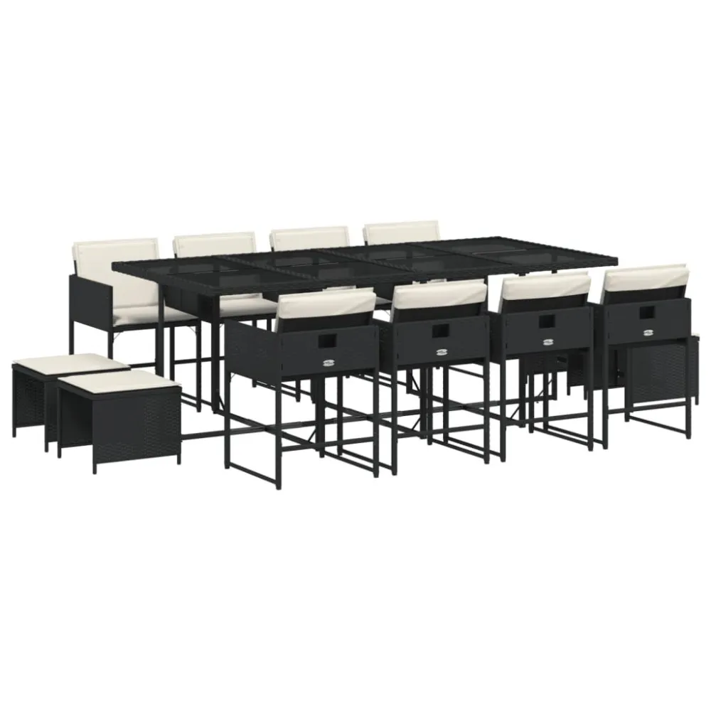 Cadeira de Balanço 13 pcs conjunto de jantar parajardim com almofadões vime PE preto