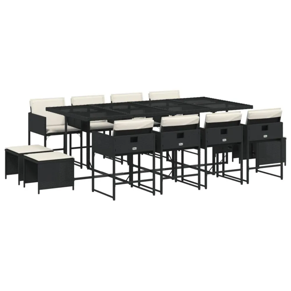 Cadeira de Balanço 13 pcs conjunto de jantar parajardim com almofadões vime PE preto