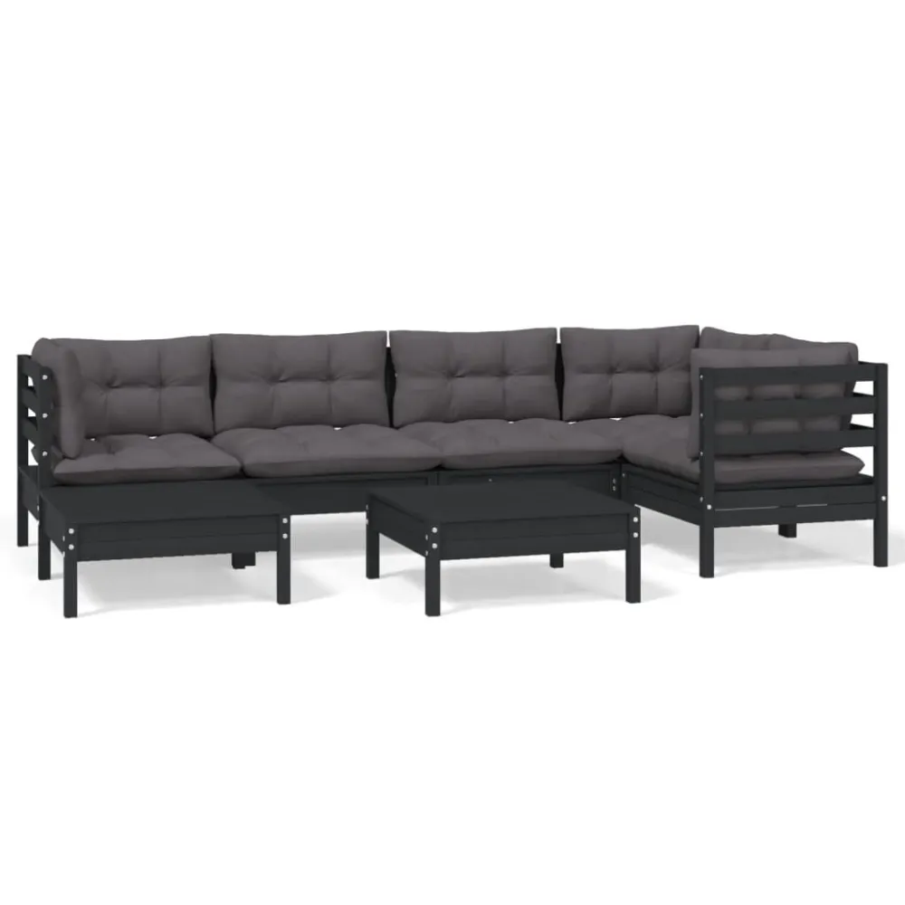 Cadeira de Balanço 7 pcs conjunto lounge jardim com almofadões pinho maciço preto