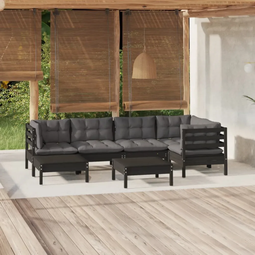 Cadeira de Balanço 7 pcs conjunto lounge jardim com almofadões pinho maciço preto