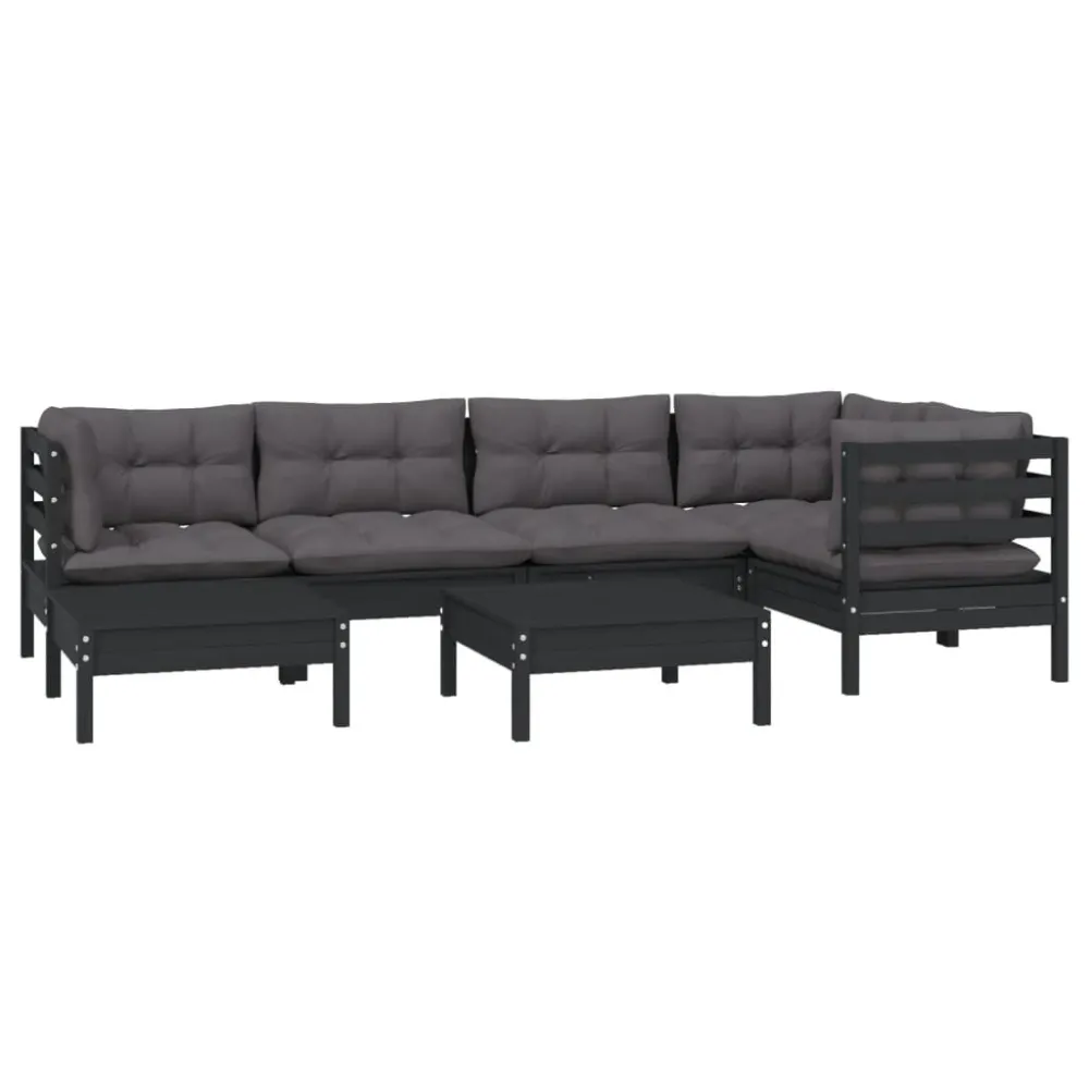 Cadeira de Balanço 7 pcs conjunto lounge jardim com almofadões pinho maciço preto
