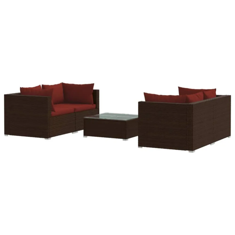 Cadeira de Balanço 5 pcs conjunto lounge de jardim com almofadões vime PE castanho