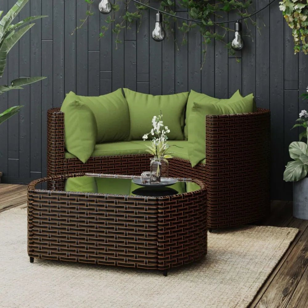 Cadeira de Balanço 4 pcs conjunto lounge jardim com almofadões vime PE castanho