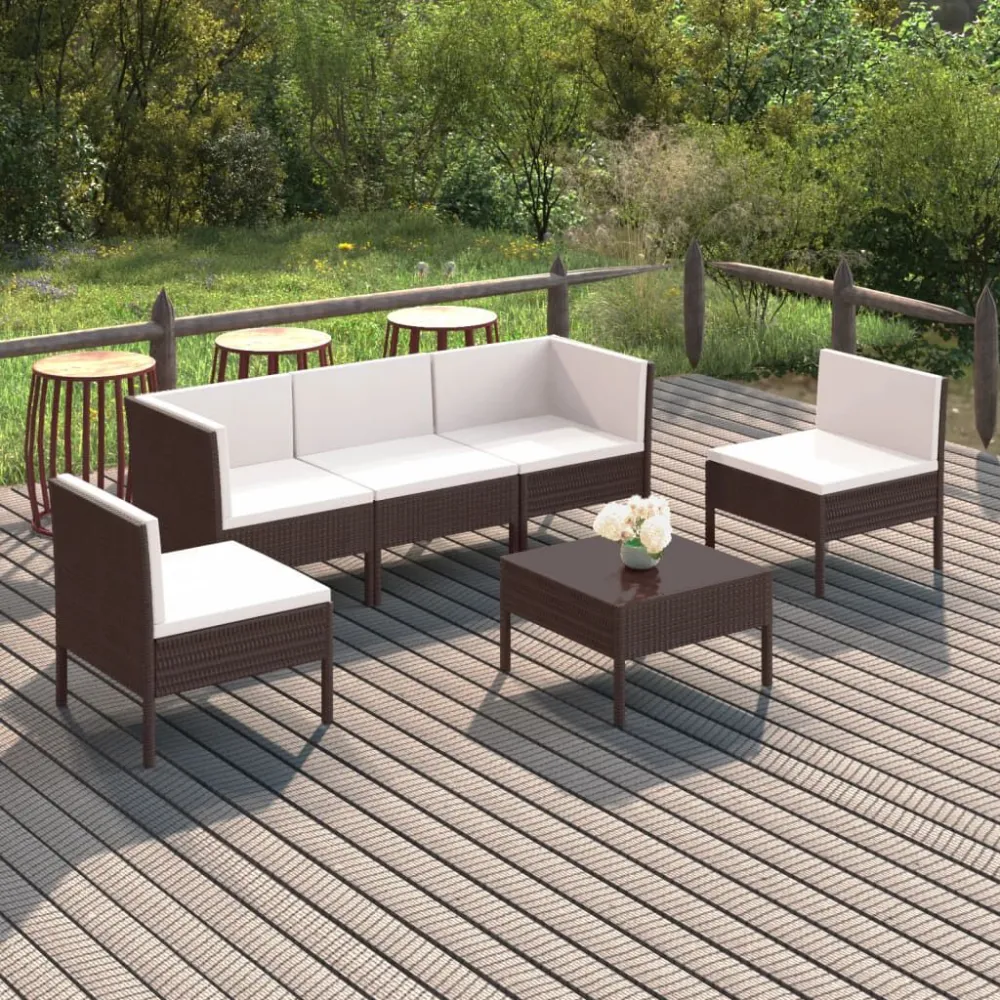 Cadeira de Balanço 6 pcs conjunto lounge jardim com almofadões vime PE castanho