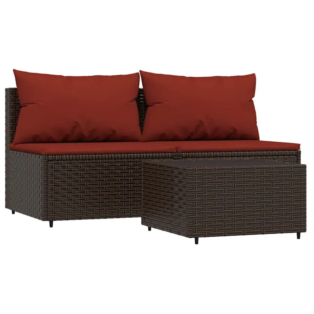 Cadeira de Balanço 3 pcs conjunto lounge jardim com almofadões vime PE castanho