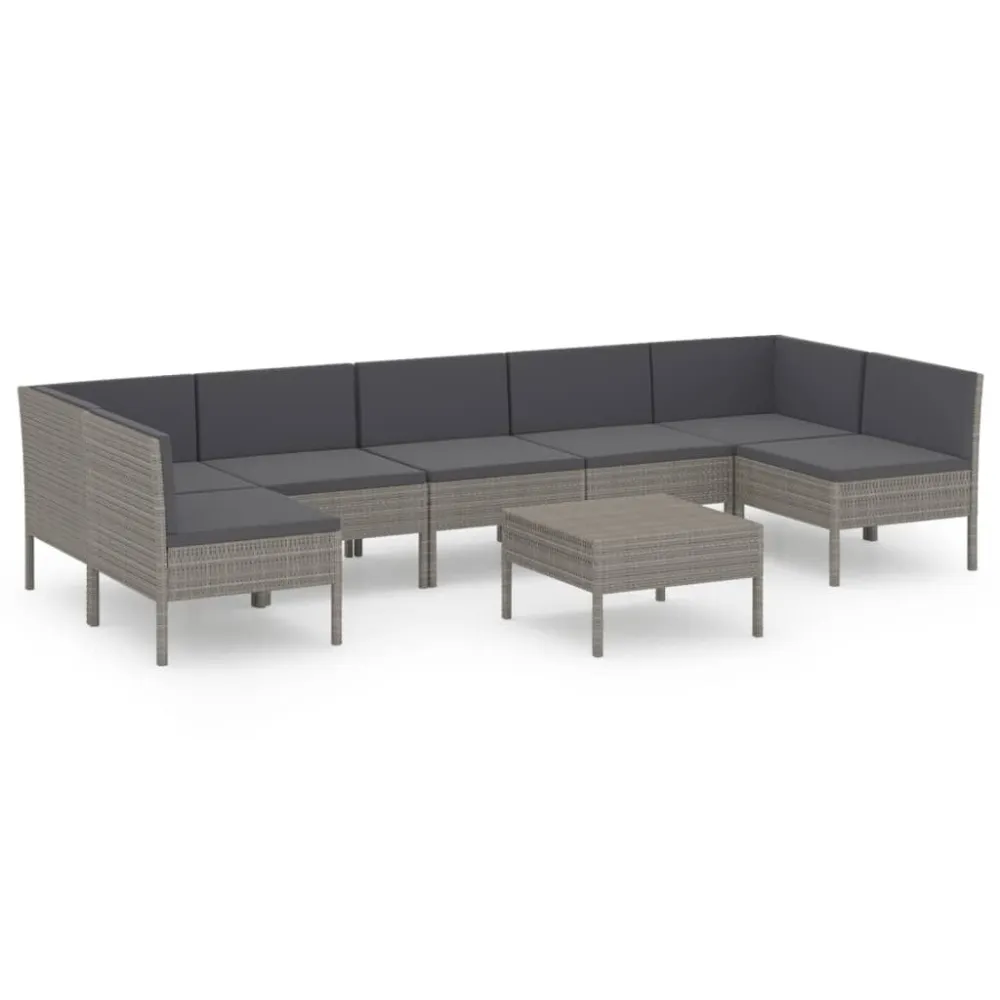 Cadeira de Balanço 8 pcs conjunto lounge de jardim com almofadões vime PE cinzento