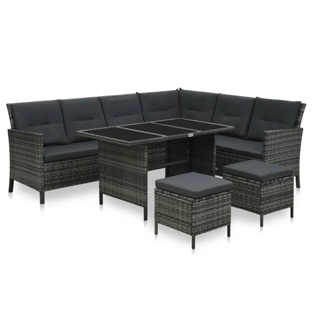 Cadeira de Balanço 4 pcs conjunto lounge de jardim com almofadões vime PE cinzento
