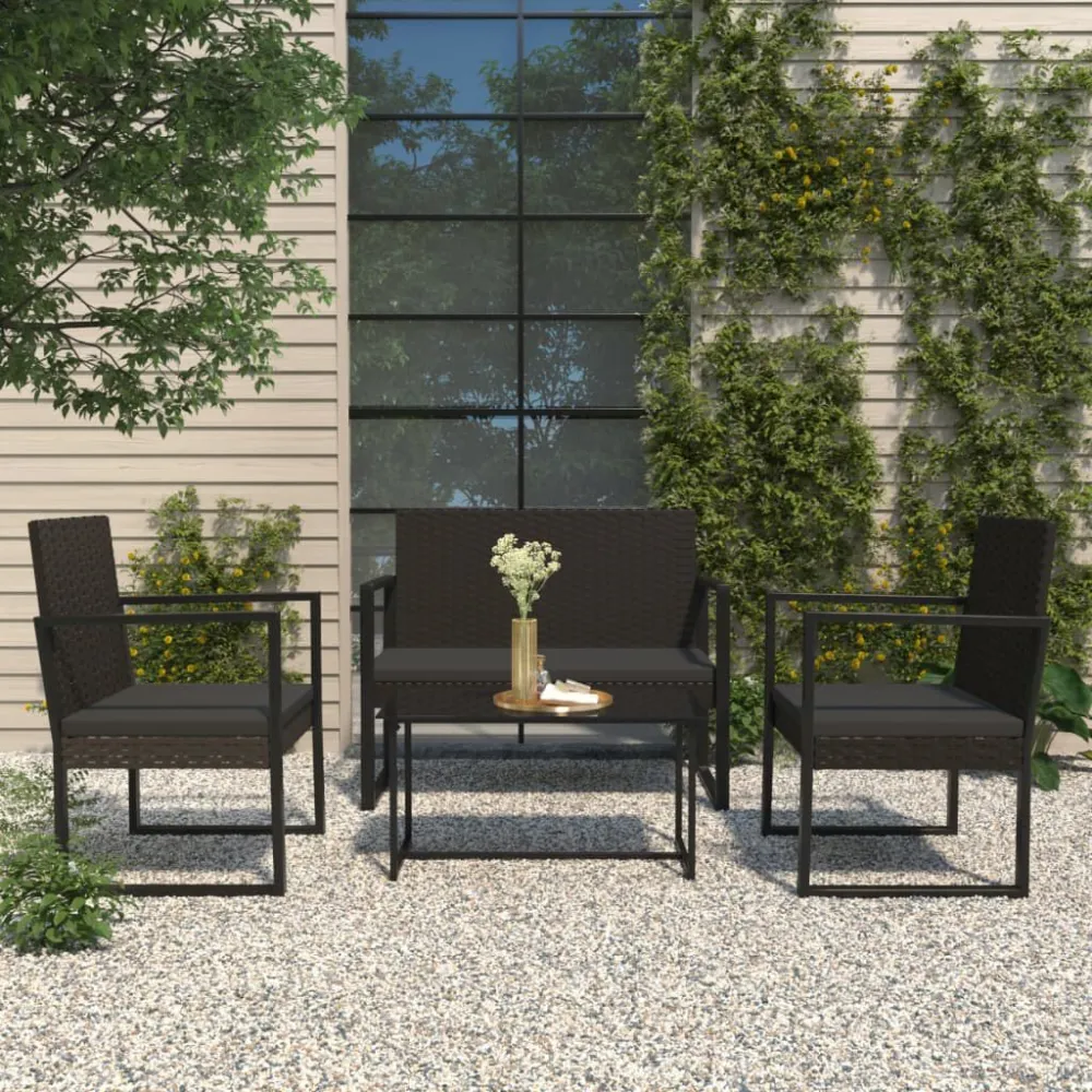 Cadeira de Balanço 4 pcs conjunto lounge de jardim com almofadões vime PE preto