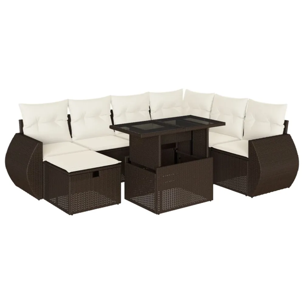 Cadeira de Balanço 8 pcs conjunto sofás de jardim com almofadões vime PE castanho