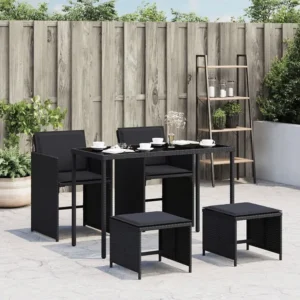 Cadeira de Balanço 5 peças conjunto de jantar para jardim com almofadões vime PE preto