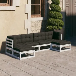 Cadeira de Balanço 6 peças conjunto lounge jardim com almofadões pinho maciço branco