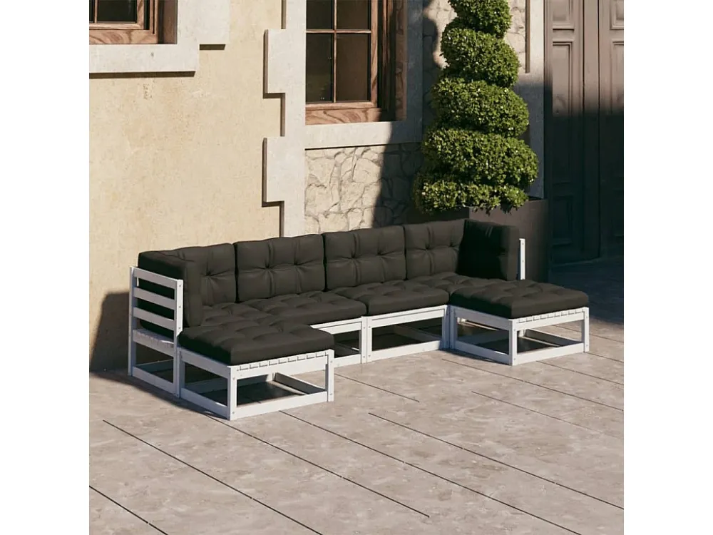 Cadeira de Balanço 6 peças conjunto lounge jardim com almofadões pinho maciço branco