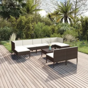 Cadeira de Balanço 10 peças conjunto lounge jardim com almofadões vime PE castanho