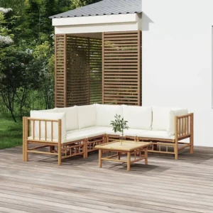 Cadeira de Balanço 6 peças conjunto lounge de jardim bambu com almofadões branco nata