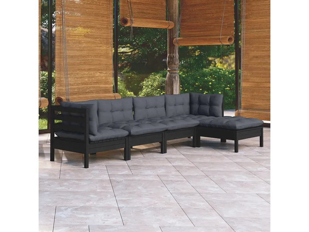 Cadeira de Balanço 5 peças conjunto lounge de jardim com almofadões pinho preto