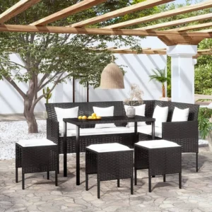 Cadeira de Balanço 5 peças conjunto sofás formato L com almofadões vime PE preto