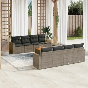 Cadeira de Balanço 9 peças conjunto sofás para jardim com almofadões vime PE cinzento