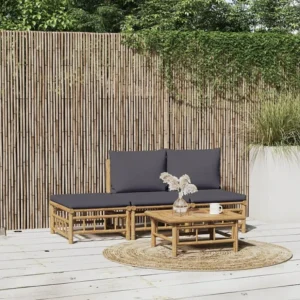 Cadeira Dobrável 4peças conj. lounge de jardim bambu com almofadões cinzento-escuro