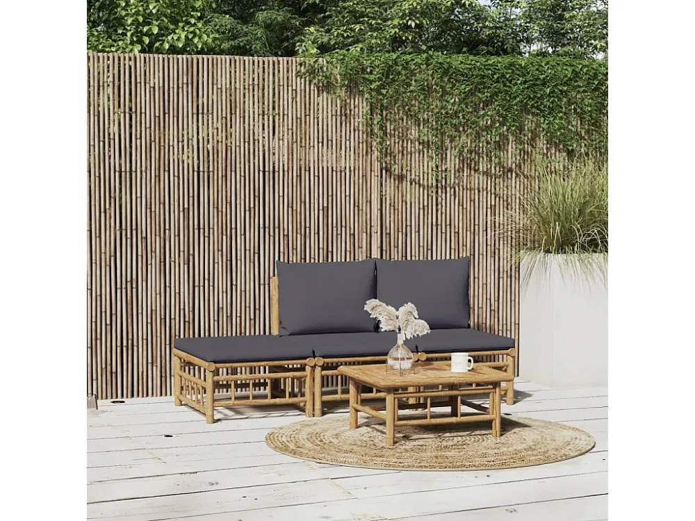 Cadeira Dobrável 4peças conj. lounge de jardim bambu com almofadões cinzento-escuro
