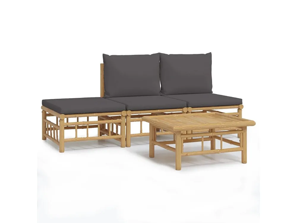 Cadeira Dobrável 4peças conj. lounge de jardim bambu com almofadões cinzento-escuro