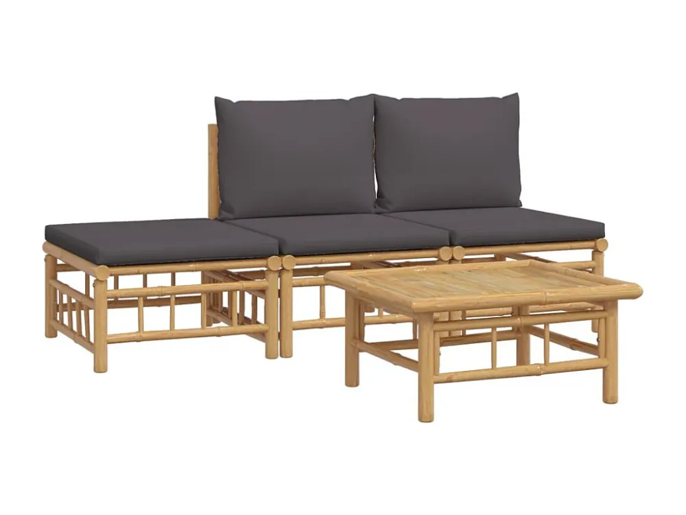 Cadeira Dobrável 4peças conj. lounge de jardim bambu com almofadões cinzento-escuro