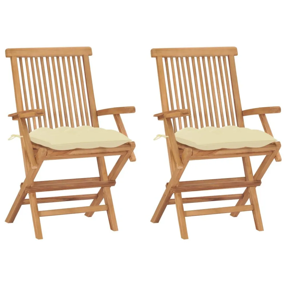 Cadeira Dobrável Cadeiras de jardim com almofadões branco nata 2 pcs teca maciç