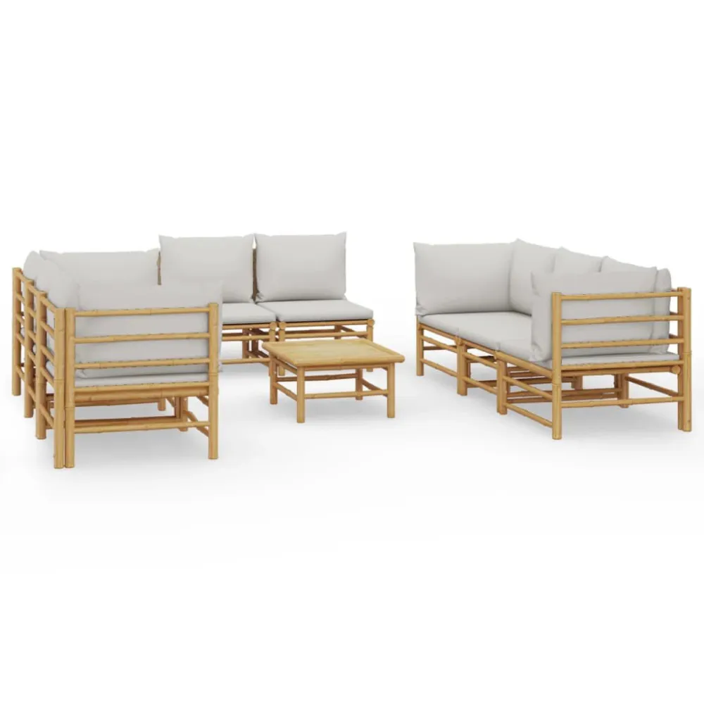 Cadeira Dobrável 9 pcs conj. lounge de jardim bambu com almofadões cinzento-claro
