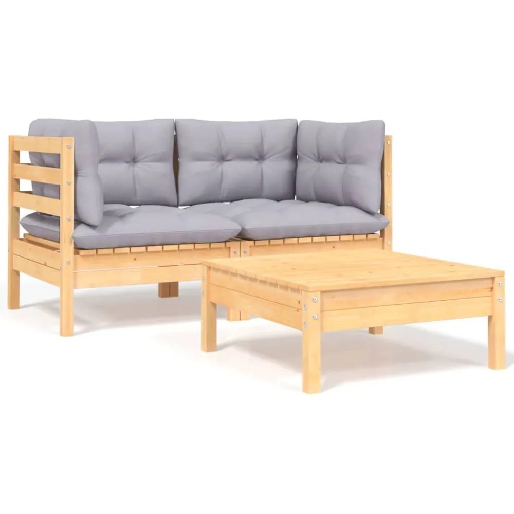 Cadeira Dobrável 3 pcs conj. lounge jardim com almofadões cinzentos pinho maciço