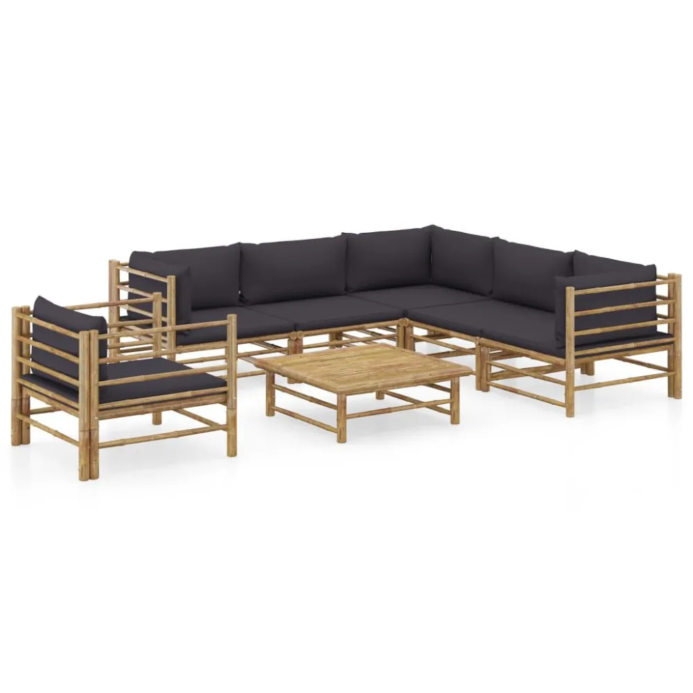 Cadeira Dobrável 7 pcs conj. lounge jardim em bambu com almofadões cinza-escuro