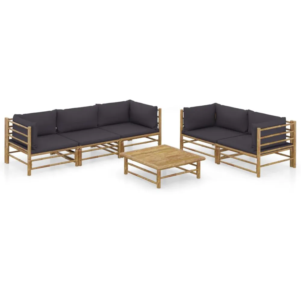 Cadeira Dobrável 6 pcs conj. lounge jardim em bambu com almofadões cinza-escuro