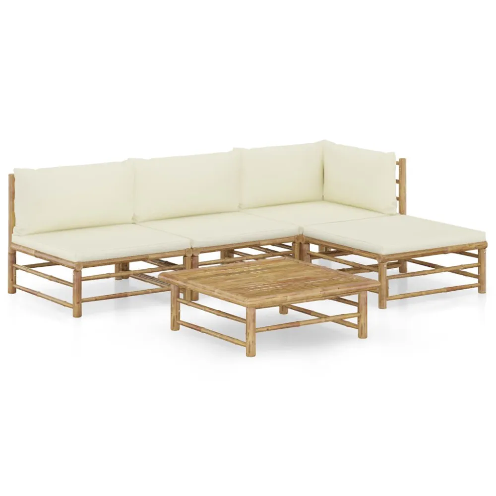 Cadeira Dobrável 5 pcs conj. lounge para jardim em bambu com almofadões branco nata