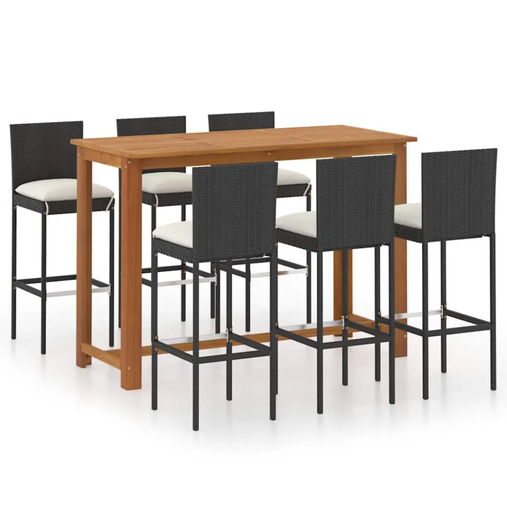 Cadeira Dobrável 7 pcs conjunto de bar para jardim com almofadões preto