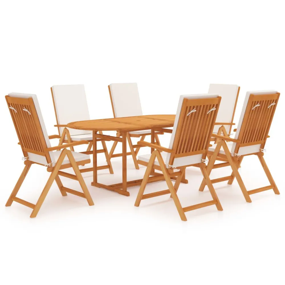 Cadeira Dobrável 7 pcs conjunto jantar jardim com almofadões madeira teca maciç