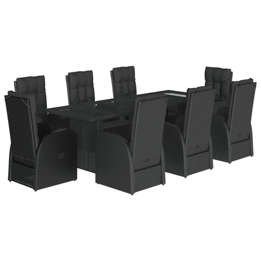 Cadeira Dobrável 9 pcs conjunto de jantar para jardim com almofadões vime PE preto