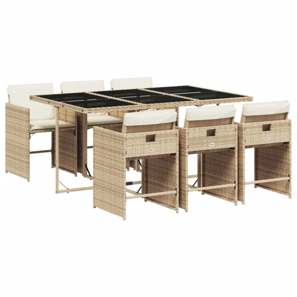Cadeira Dobrável 7 pcs conjunto de jantar para jardim com almofadões vime PE bege