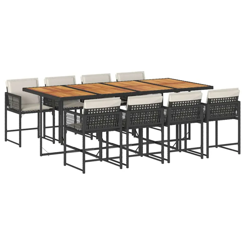 Cadeira Dobrável 9 pcs conjunto de jantar para jardim com almofadões vime PE preto