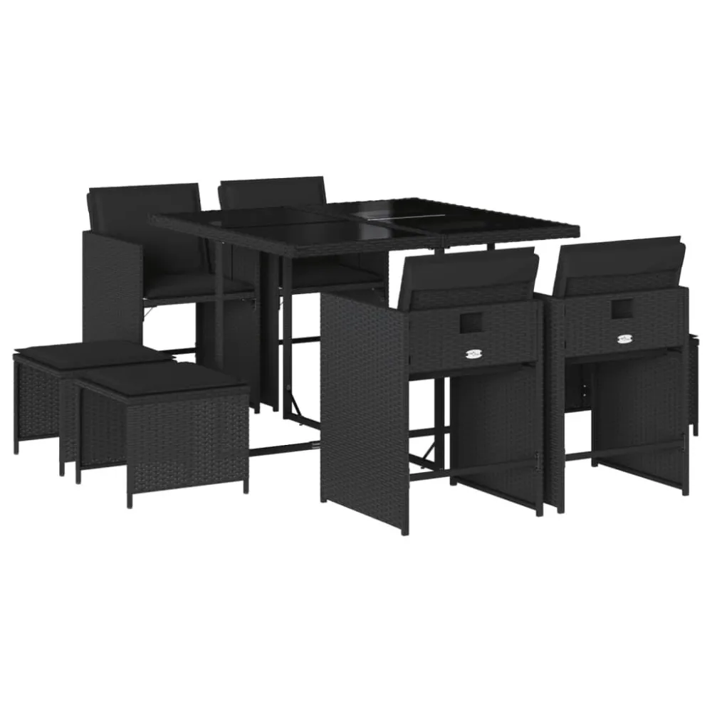 Cadeira Dobrável 9 pcs conjunto de jantar para jardim com almofadões vime PE preto
