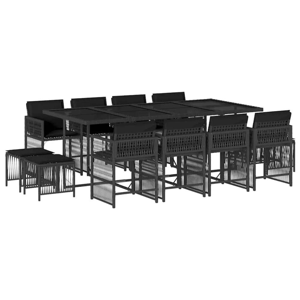 Cadeira Dobrável 13 pcs conjunto de jantar parajardim com almofadões vime PE preto