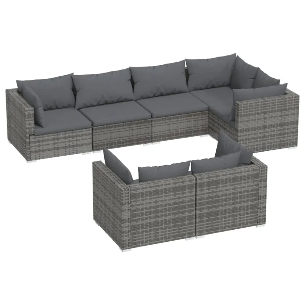 Cadeira Dobrável 7 pcs conjunto lounge de jardim com almofadões vime PE cinzento