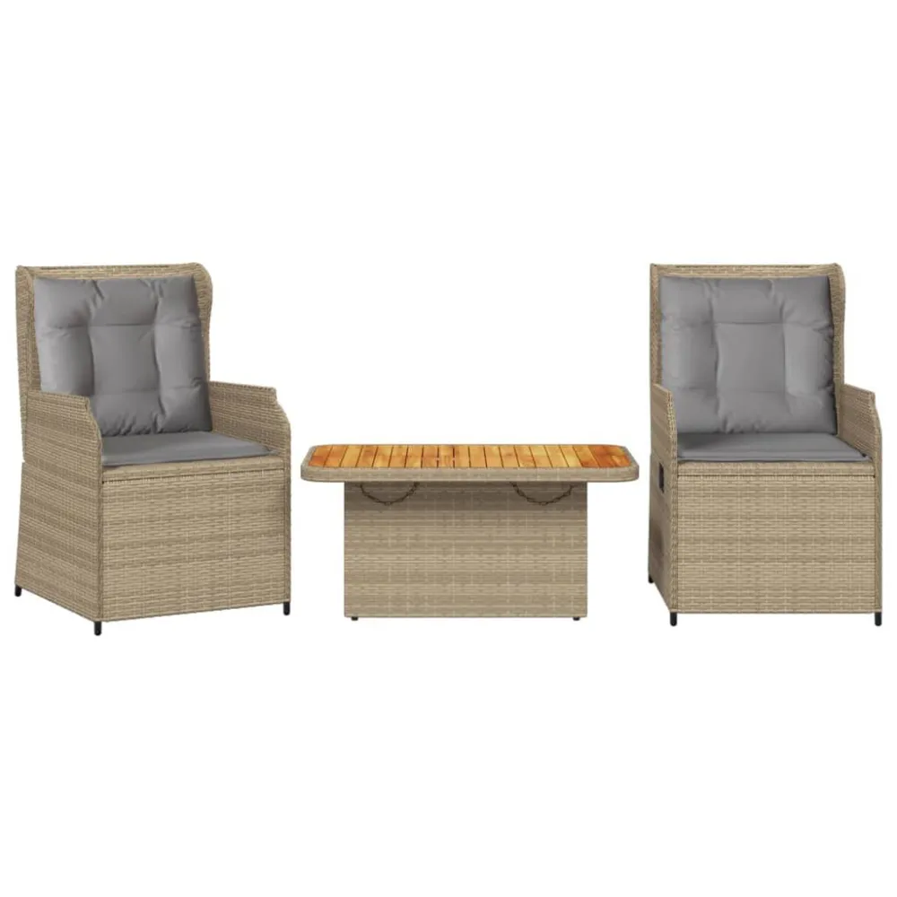 Cadeira Dobrável 3 pcs conjunto lounge de jardim com almofadões vime PE bege