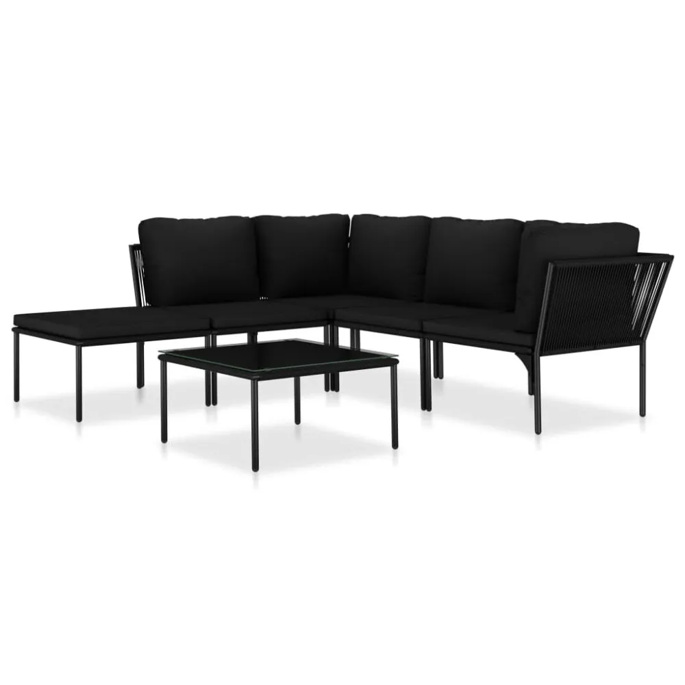 Cadeira Dobrável 6 pcs conjunto lounge de jardim com almofadões PVC preto