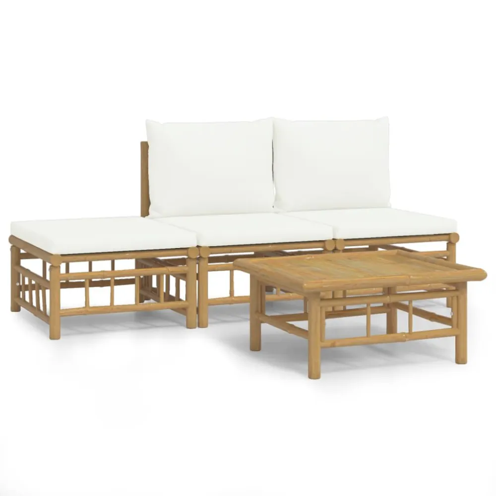 Cadeira Dobrável 4 pcs conjunto lounge de jardim bambu com almofadões branco nata