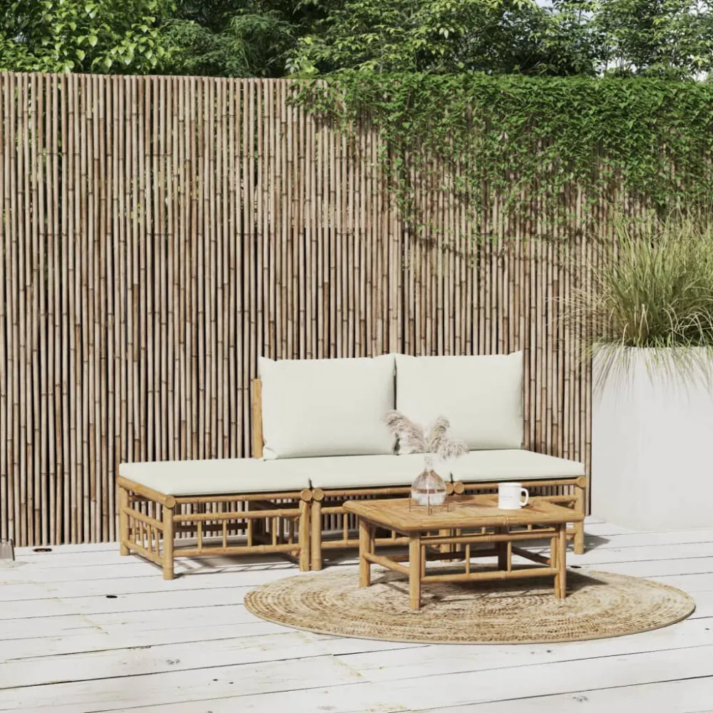 Cadeira Dobrável 4 pcs conjunto lounge de jardim bambu com almofadões branco nata