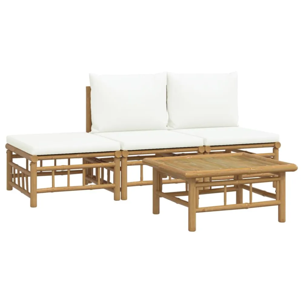 Cadeira Dobrável 4 pcs conjunto lounge de jardim bambu com almofadões branco nata