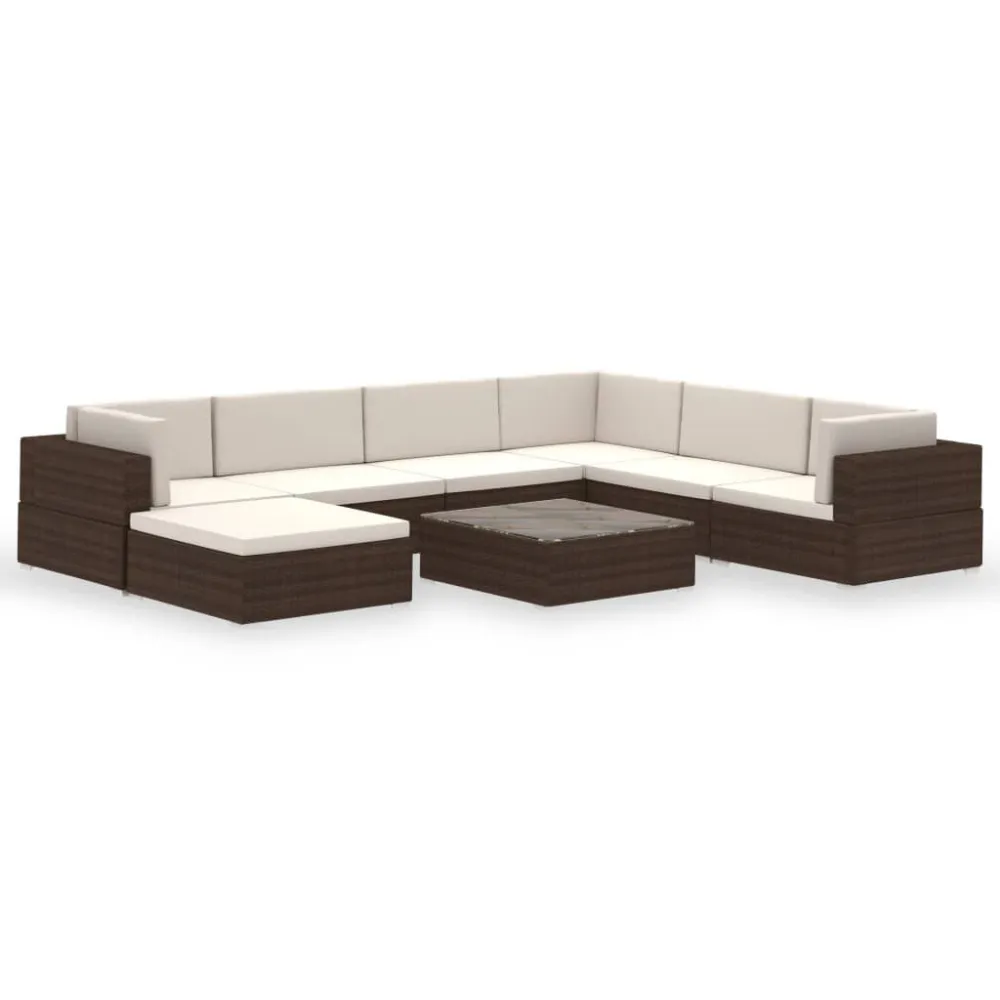 Cadeira Dobrável 8 pcs conjunto lounge jardim com almofadões vime PE castanho