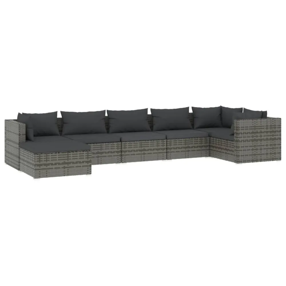 Cadeira Dobrável 7 pcs conjunto lounge de jardim com almofadões vime PE cinzento