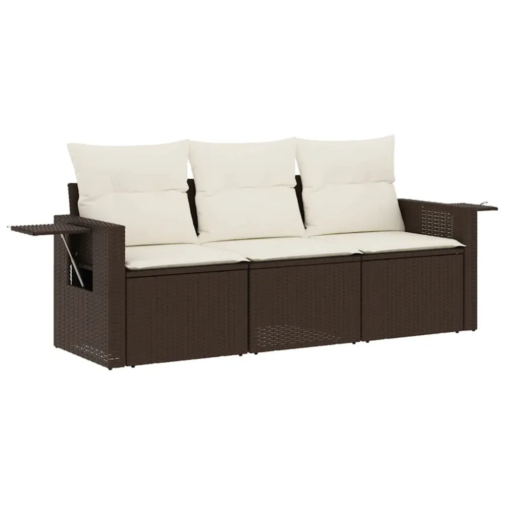 Cadeira Dobrável 3 pcs conjunto sofás de jardim com almofadões vime PE castanho